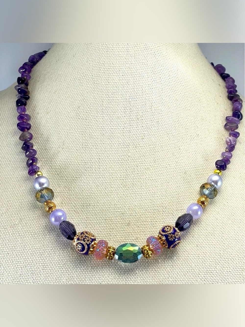 Artisan Made Handmade Purple Amethyst Glass Beaded Necklace Boho Statement
